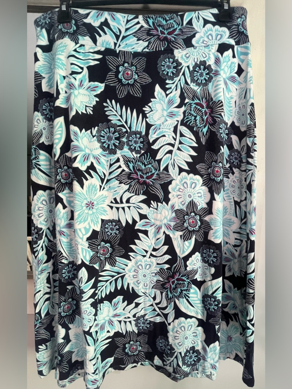 Talbots Floral Knit A-Line Midi Skirt Pull on Elastic Waist Teal Blue Petite XL